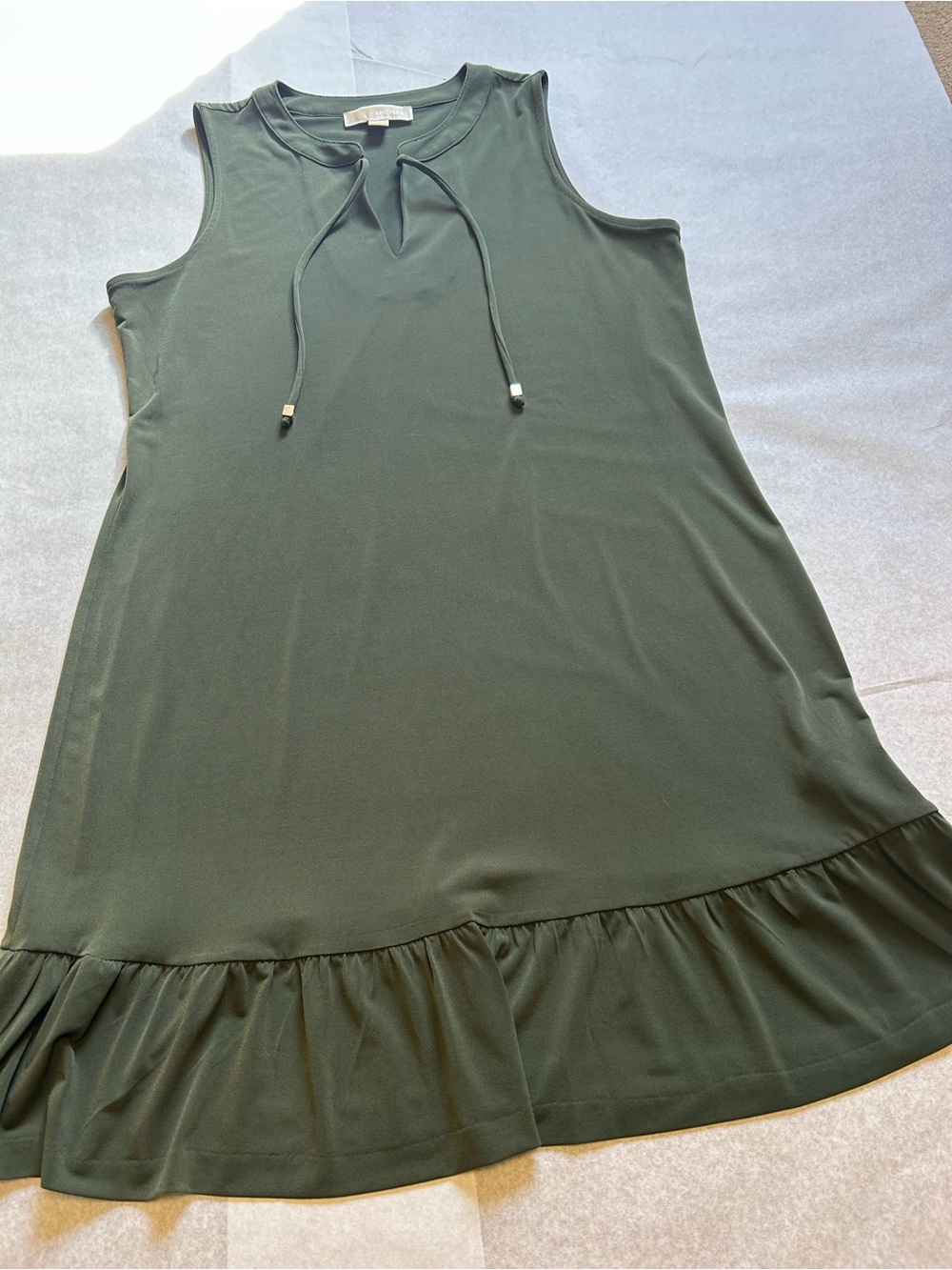 MICHAEL Michael Kors Olive Green Sleeveless Tie-Neck Ruffle-Hem Shift Dress